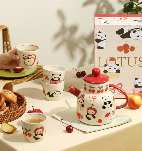 Panda Red Ceramic Teapot with Cup Set