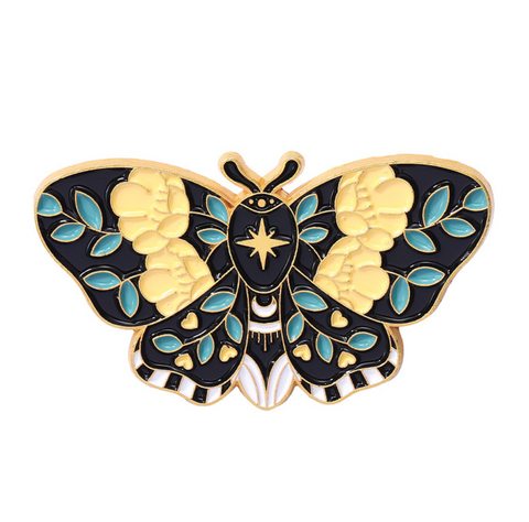 Yellow Flower Black Moth Pin