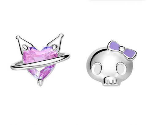 Purple Crystal Silver Kuromi Earring
