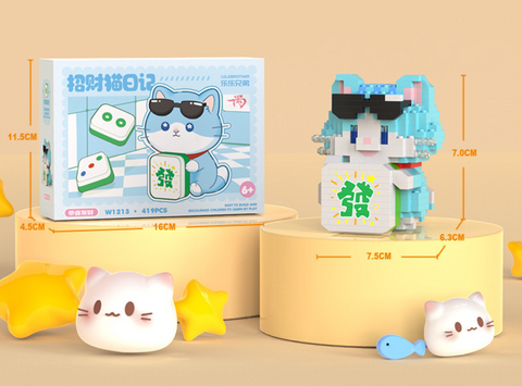 Blue Cat with Mahjong Building Block