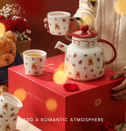 Teddy Bear Red Ceramic Teapot with 4 Cups
