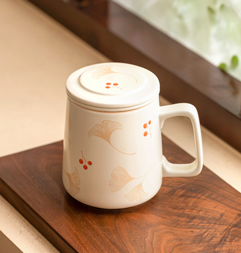 Gingko Leaf Ceramic Mug with Lid