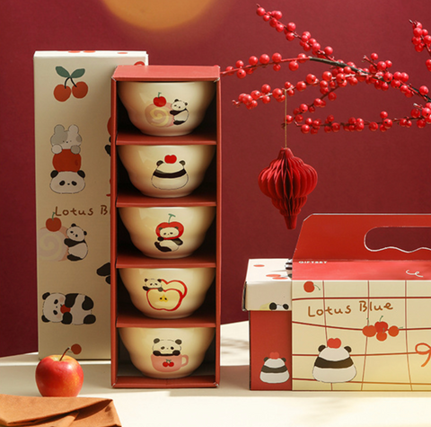Lotus Blue Ceramic Panda Rice Bowl 410ml 5 Set