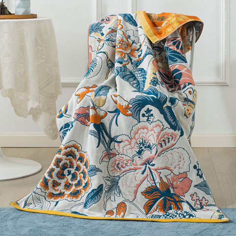 Blue Orange Flowers Cotton Towel Blanket 90*180cm