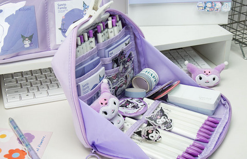 Purple Kuromi Pencil Case Set (Standing/10Stickers/Brooch/Pendents/Clips)