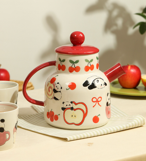 Panda Red Ceramic Teapot with Cup Set