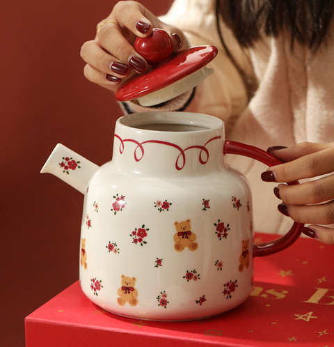 Teddy Bear Red Ceramic Teapot with 4 Cups