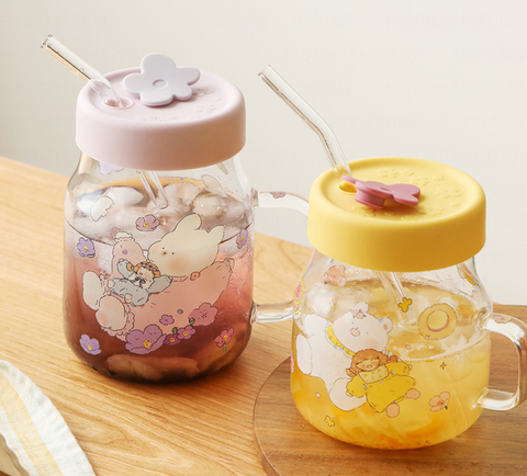 Top Straw Glass Mug with Silicon Lid 800ml