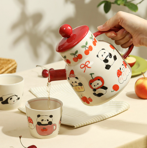 Panda Red Ceramic Teapot with Cup Set