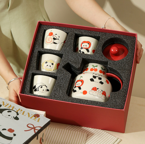 Panda Red Ceramic Teapot with Cup Set