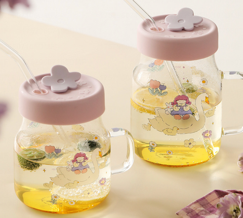 Top Straw Glass Mug with Silicon Lid 800ml