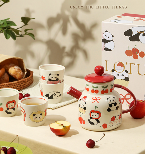 Panda Red Ceramic Teapot with Cup Set