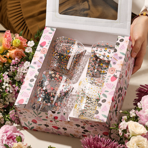 Gift Set of 4 Glass Flower Cup 454ml