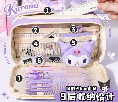 Purple Kuromi Pencil Case Set (9 Layer Flip Cover/ 2 brooches)