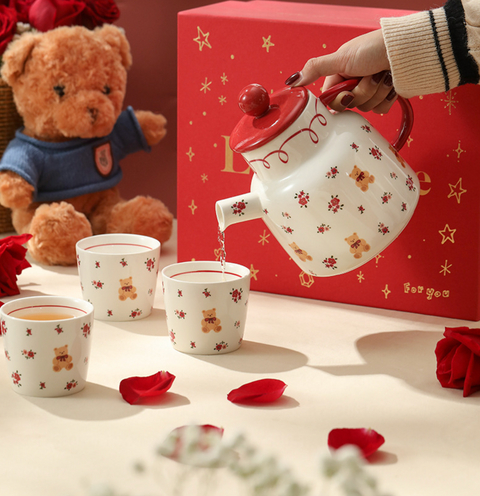 Teddy Bear Red Ceramic Teapot with 4 Cups