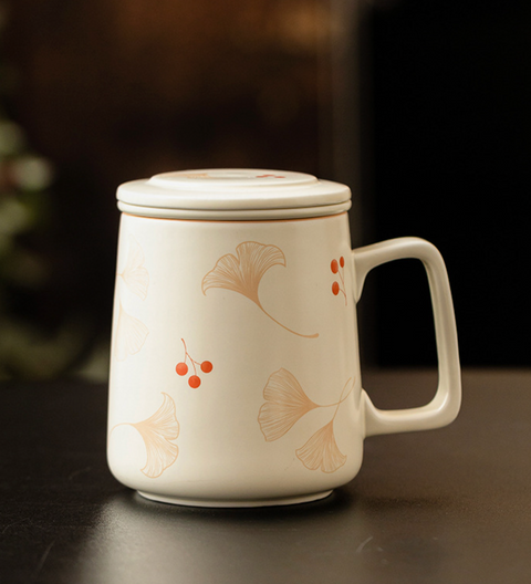 Gingko Leaf Ceramic Mug with Lid