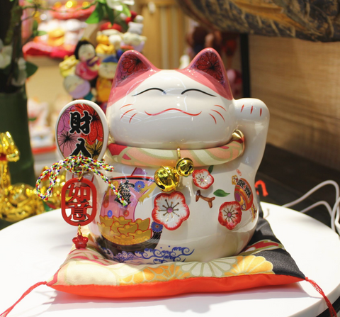 7" Cherry Blossom Ceramic Lucky Cat - Fortune Runneth Over