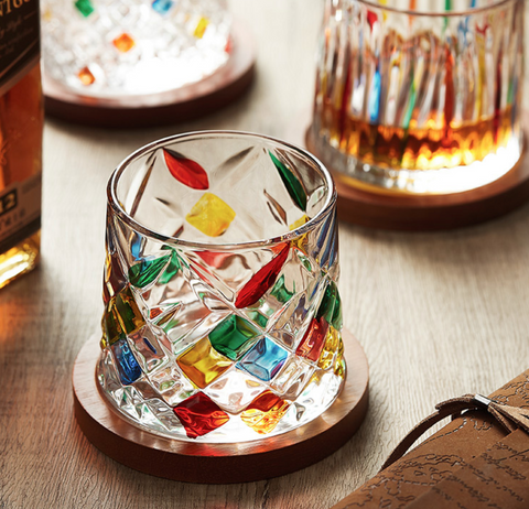 Color Whiskey Glass with Wood Coaster