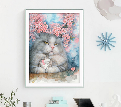 Cherry Blossom Grey Cat Cross Stitch