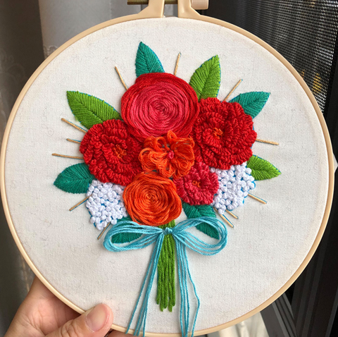 Red Flower Bouquet with Teal Ribbon Bouquet Embroidery