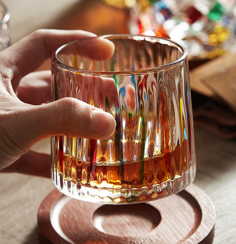 Color Whiskey Glass with Wood Coaster