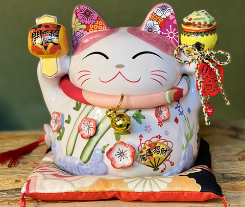7" Cherry Blossom Ceramic Lucky Cat - Spring Bamboo