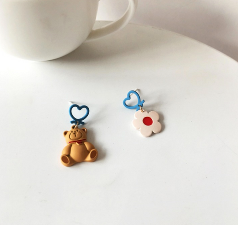 Brown Teddy Bear and Flower Earring- Clip