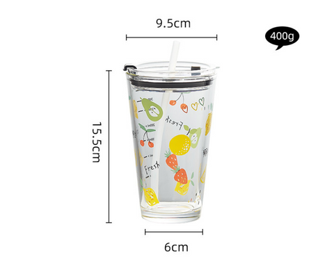 Cartoon Glass Straw Cup with Lid 450ml