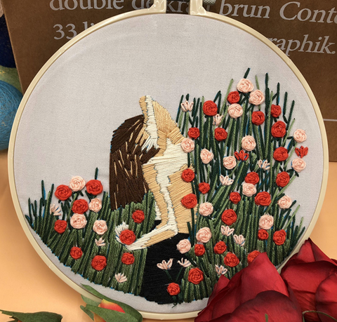 Brunette in Red and Pink Rose Field Embroidery