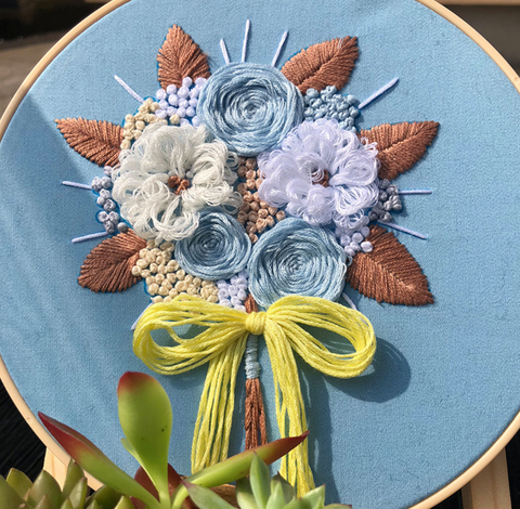 Blue Flower Bouquet on Blue with Yellow Ribbon Embroidery