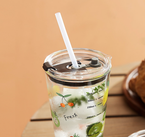 Cartoon Glass Straw Cup with Lid 450ml